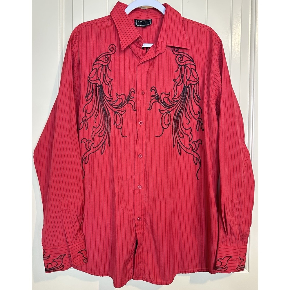 Meztizos red Long Sleeve Shirt Men's SZ XL Embroidered striped Western 90s‎ Y2K